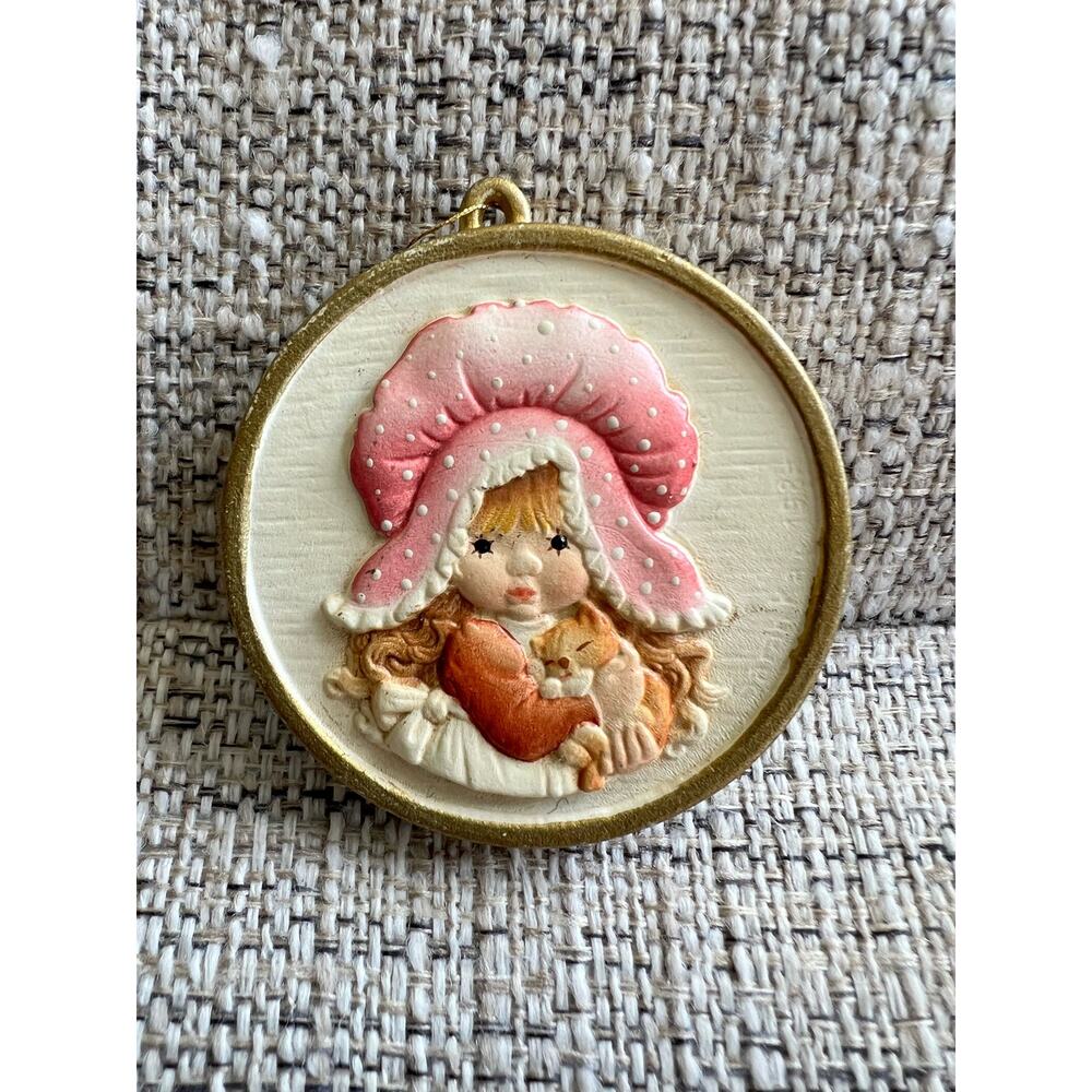 Vintage Anri Italy Sarah Kay Ornaments Girl with Kitten Waiting for Mother